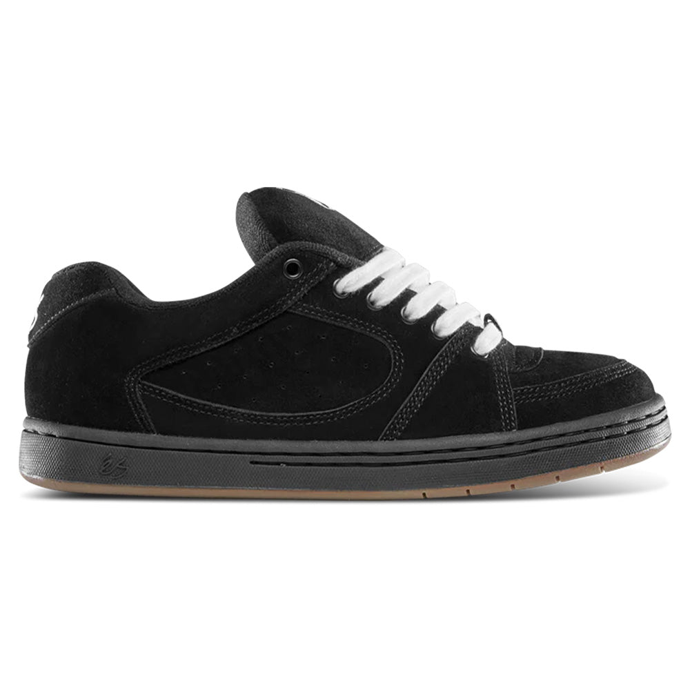 The ES éS ACCEL BLACK skate shoe features a premium suede upper, white laces, black sole, and brown gum rubber outsole, shown in side profile on a white background.