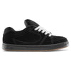 The ES éS ACCEL BLACK skate shoe features a premium suede upper, white laces, black sole, and brown gum rubber outsole, shown in side profile on a white background.
