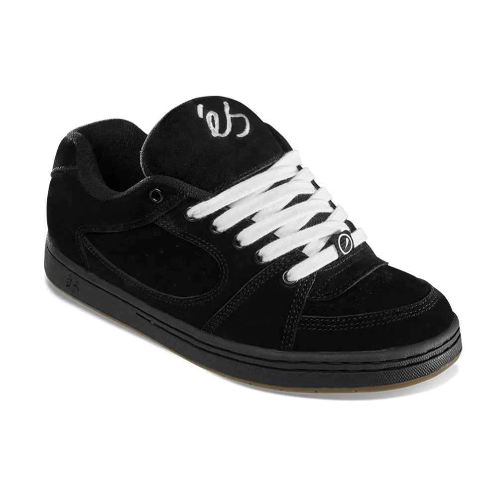 The ES éS ACCEL BLACK skate shoe features a premium black suede upper, white laces, a white “es” logo on the tongue, and a flat gum rubber outsole, inspired by the classic éS ACCEL OG.