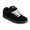 The ES éS ACCEL BLACK skate shoe features a premium black suede upper, white laces, a white “es” logo on the tongue, and a flat gum rubber outsole, inspired by the classic éS ACCEL OG.