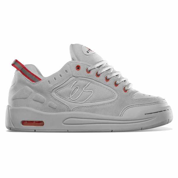 bulky grey skateboard sneakers with red accents