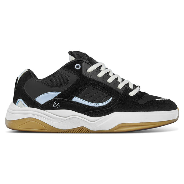 The ES éS TJ ROGERS BLACK / BLUE / WHITE skate shoe features black and white suede and mesh panels, light blue accents, white laces, cupsole construction, and a gum rubber sole, shown from the side.