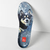 An insole for the éS TJ ROGERS BLACK / BLUE / WHITE from ES, featuring a printed dog with snow on its face and a red logo near the heel, inspired by skate shoes with durable cupsole construction.