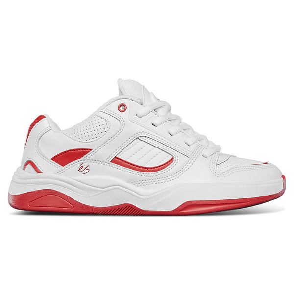 The ES éS TJ ROGERS WHITE / RED sneaker features red accents, perforated details, and a thick impact-resistant rubber sole with an E-Bound midsole, shown in a side profile view.