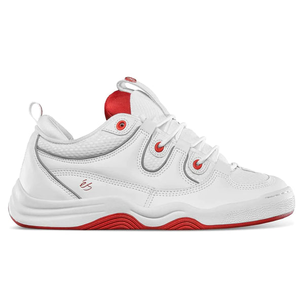 White and red ÉS TWO NINE 8 SKATE SHOP DAY athletic shoe with lace-up closure and logo detail.