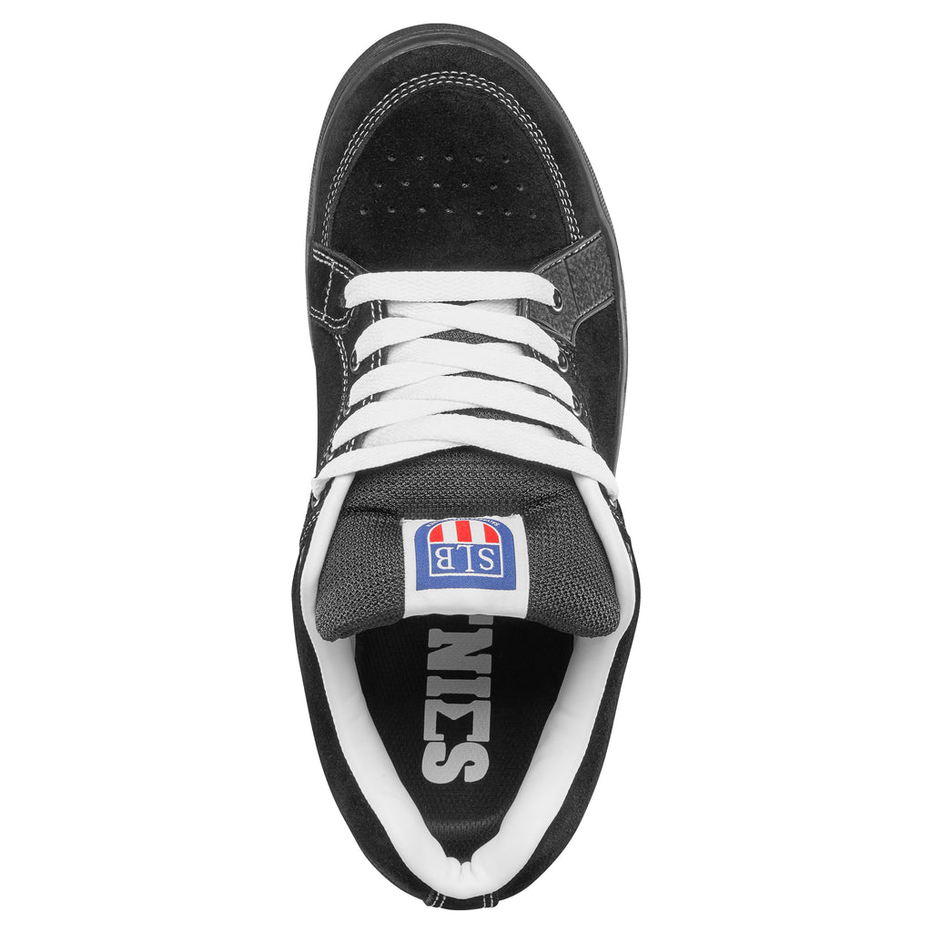 Top view of the ETNIES SAL 23 skate shoe in black, showcasing white laces and a logo on the tongue, capturing Salvador "Sal" Barbier's iconic style.