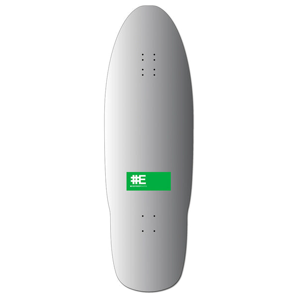 The EVERYBODY SKATES BURNING KLANSMAN BIGBOARD 40" skateboard deck by EVERYBODY SKATES features a silver design with a green rectangle and white "#E" text at the center, plus visible truck holes for an 80's-inspired look.