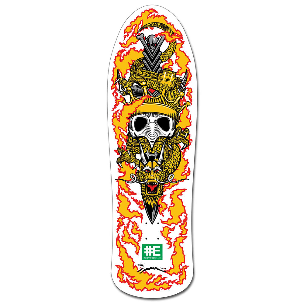 The EVERYBODY SKATES KINGS BIGBOARD 40" deck features an '80s-inspired crowned skull with sunglasses, two dragons, and red and yellow flames on a white background.