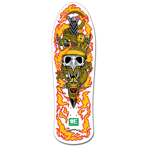 The EVERYBODY SKATES KINGS BIGBOARD 40" deck features an '80s-inspired crowned skull with sunglasses, two dragons, and red and yellow flames on a white background.