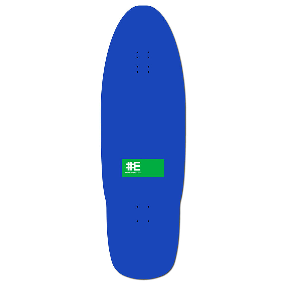 The EVERYBODY SKATES ELEPHANT BIGBOARD 40" features a blue 80's-inspired deck with a green center label showing white text and icons. Part of the EVERYBODY SKATES collection—because EVERYBODY SKATES.