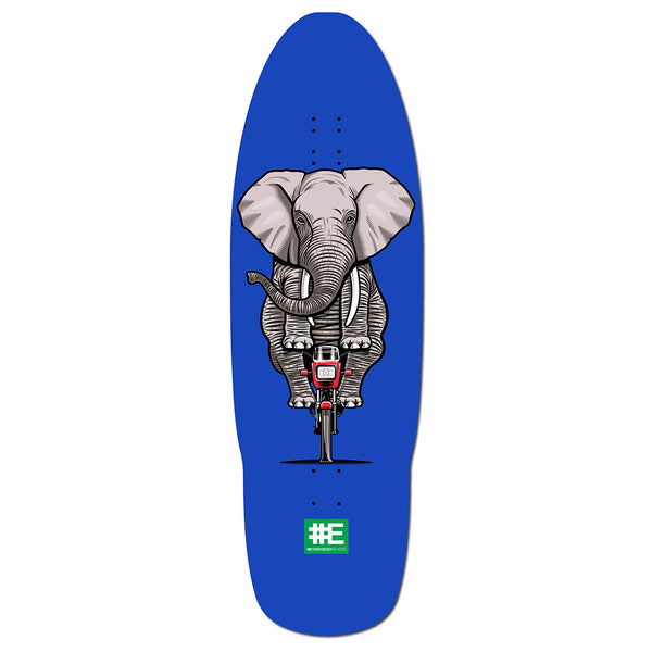 EVERYBODY SKATES ELEPHANT BIGBOARD 40" by EVERYBODY SKATES features an elephant riding a bicycle on a blue 80's-inspired deck with a green logo—ideal for anyone seeking a custom skateboard or unique bigboard design.
