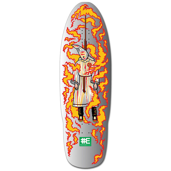 The EVERYBODY SKATES BURNING KLANSMAN BIGBOARD 40" by EVERYBODY SKATES features a robed, hooded figure in red and yellow flames with a green symbol—ideal for fans of bold, 80s-inspired skateboards.