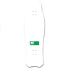 The EVERYBODY SKATES REX BIGBOARD 40" is a white custom skateboard deck with a green rectangular logo and white text at the center, visible mounting holes, and an 80's inspired retro design by EVERYBODY SKATES.