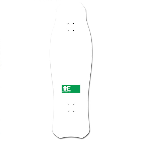 The EVERYBODY SKATES REX BIGBOARD 40" is a white custom skateboard deck with a green rectangular logo and white text at the center, visible mounting holes, and an 80's inspired retro design by EVERYBODY SKATES.