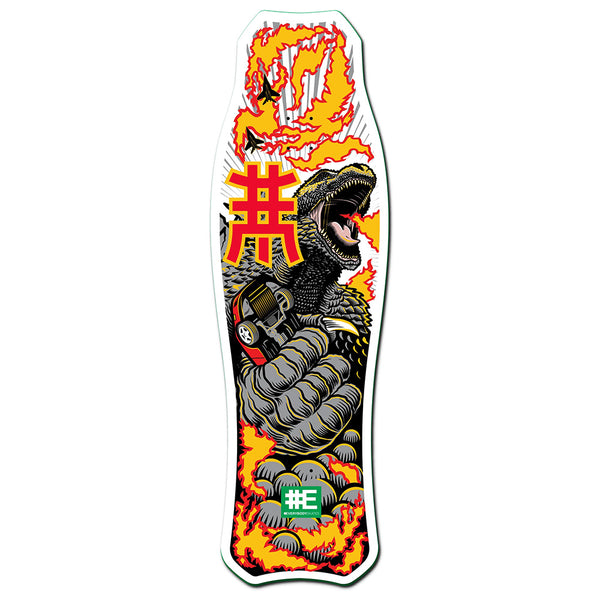 Featuring a roaring Godzilla-like creature with a car, flames, and Japanese kanji, the EVERYBODY SKATES REX BIGBOARD 40" by EVERYBODY SKATES is perfect for fans of bold, 80s-inspired skateboard art.