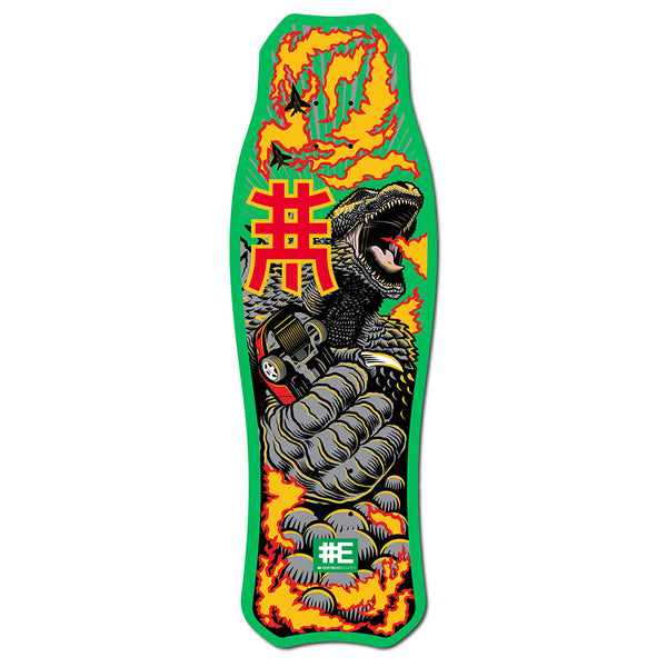 The EVERYBODY SKATES T-REX STANDARD 31" deck by EVERYBODY SKATES showcases a roaring dinosaur holding a car, bold red Japanese characters, and flames on green with a double lacquer gloss finish, inspired by 80’s skate style.