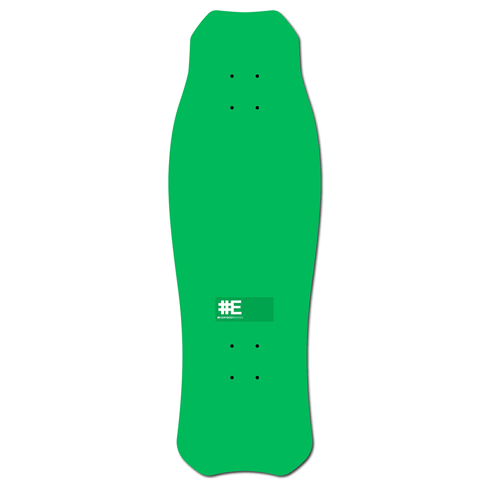 The EVERYBODY SKATES T-REX STANDARD 31" by EVERYBODY SKATES features a green, 80's-inspired wide, tapered deck with a small white "#E" logo and a double lacquer gloss finish for extra durability and shine.
