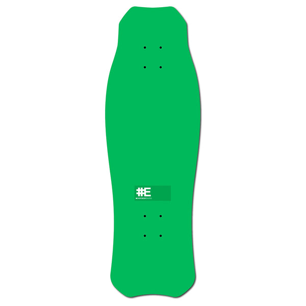 The EVERYBODY SKATES T-REX STANDARD 31" by EVERYBODY SKATES features a green, 80's-inspired wide, tapered deck with a small white "#E" logo and a double lacquer gloss finish for extra durability and shine.