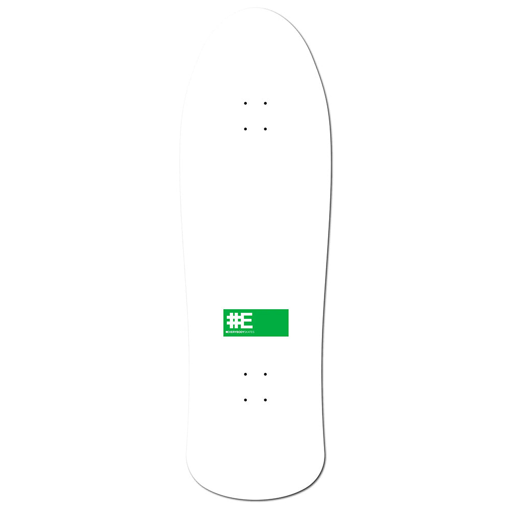 The EVERYBODY SKATES KINGS BIGBOARD 40" is a custom-shaped white skateboard deck, featuring an 80's-inspired green rectangular graphic with a white hashtag and the letter "E" at the center.