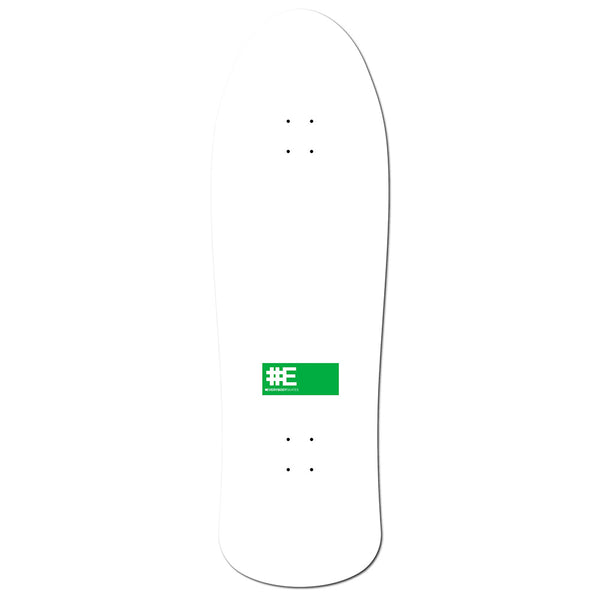 The EVERYBODY SKATES KINGS BIGBOARD 40" is a custom-shaped white skateboard deck, featuring an 80's-inspired green rectangular graphic with a white hashtag and the letter "E" at the center.