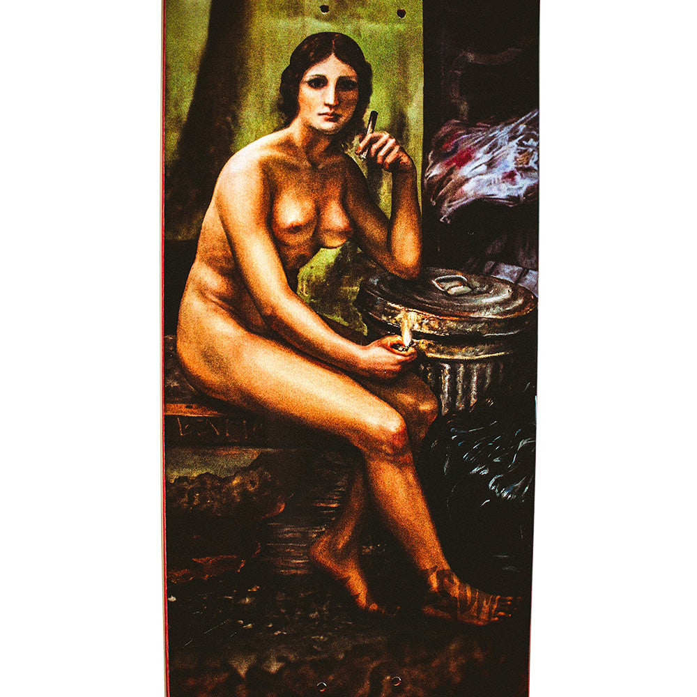 A detailed painting of a nude woman by a trash can holding a lit match appears on the bottom of the FUCKING AWESOME DILL EPITHETS OF INTEGRITY skateboard deck by FUCKING AWESOME.