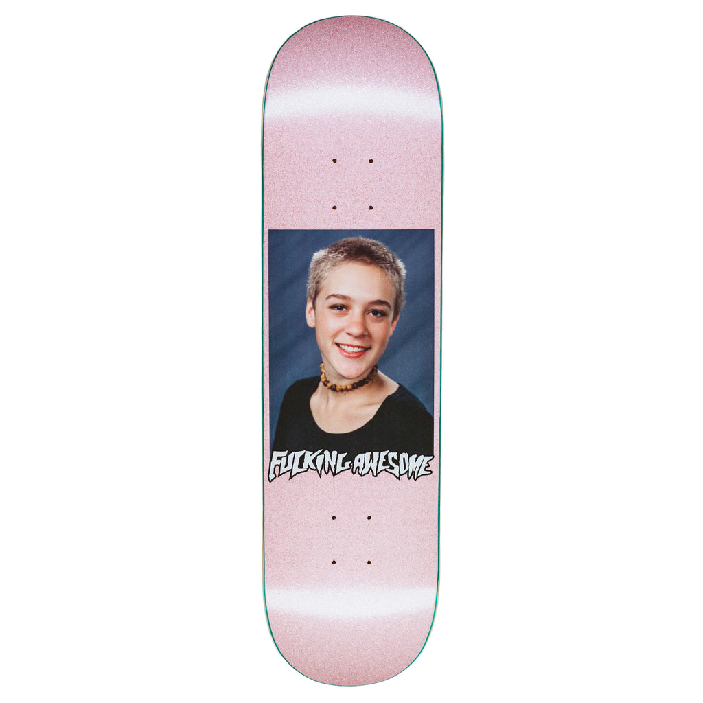 A SPACEMAN skateboard with a FUCKING AWESOME CHLOË SEVIGNY CLASS PHOTO on it.