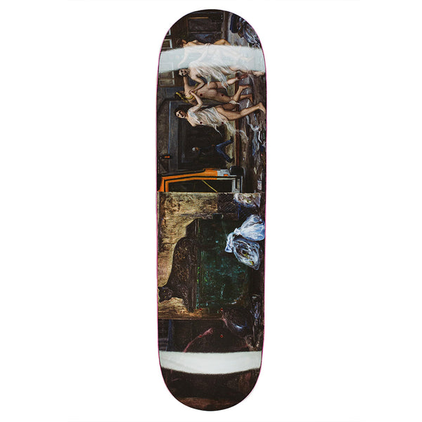 The FUCKING AWESOME AIDAN BE CAREFUL skateboard deck by FUCKING AWESOME is an 8.44" popsicle shape featuring artwork of two people running amidst urban debris and elements.