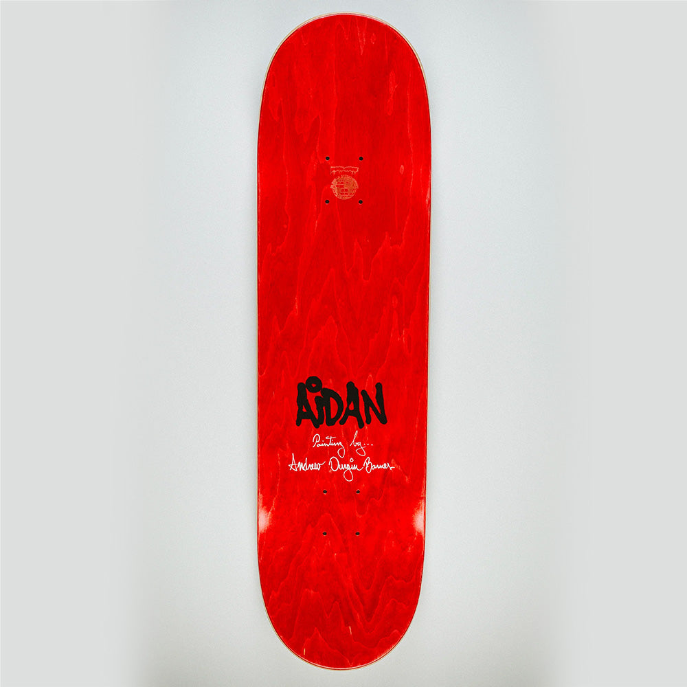 An 8.44-inch red FUCKING AWESOME AIDAN BE CAREFUL popsicle board with black and white center text, featuring "ADAN" and a signature below it from the brand FUCKING AWESOME.