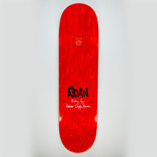 An 8.44-inch red FUCKING AWESOME AIDAN BE CAREFUL popsicle board with black and white center text, featuring "ADAN" and a signature below it from the brand FUCKING AWESOME.