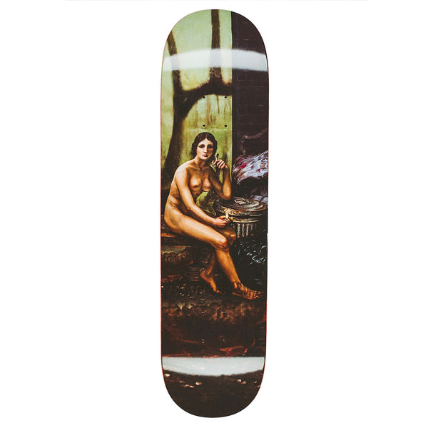 The FUCKING AWESOME DILL EPITHETS OF INTEGRITY skateboard deck features classical artwork of a seated nude woman painted on the bottom, set against a dark, natural background.