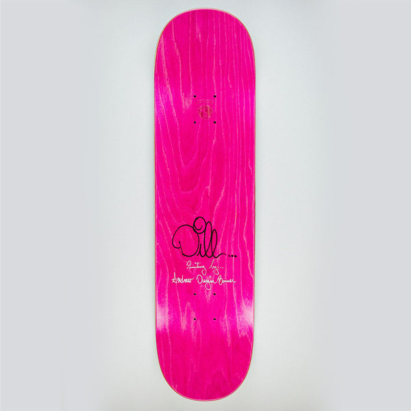 The FUCKING AWESOME DILL EPITHETS OF INTEGRITY skateboard deck features a pink finish, visible wood grain, painted bottom, bold black handwritten-style "FUCKING AWESOME" text, and a central signature.
