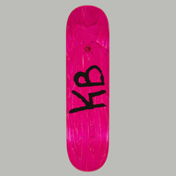 A FUCKING AWESOME K.B. SHINJUKU skateboard deck features a pink background with black “KB” graffiti and a light gray backdrop, all rendered as a digital print over wood veneer.