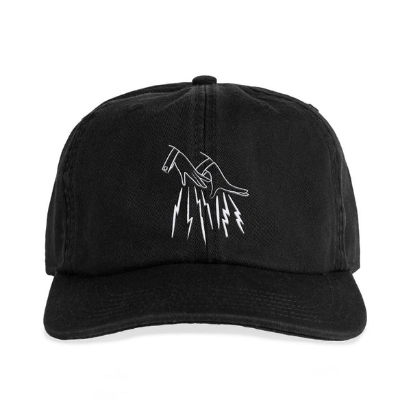 FAKE JUNK's FAKE JUNK LOGO DAD HAT BLACK features a white embroidered design of two hands creating lightning bolts on the front, making it an ideal choice for fans of the Logo Dad Hat style.