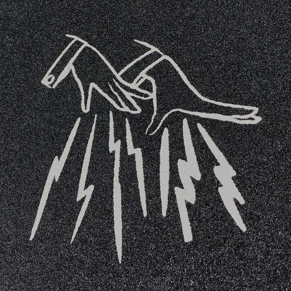 a drawing of a hand holding a FAKE JUNK GRIPTAPE OG LOGO WHITE lightning bolt from FAKE JUNK.
