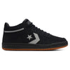 A CONVERSE CONS FASTBREAK PRO MID SUEDE BLACK / GREY AREA / GUM sneaker with a grey star and chevron design on the side, grey accents, black laces, and a brown rubber sole featuring Cupsole technology.