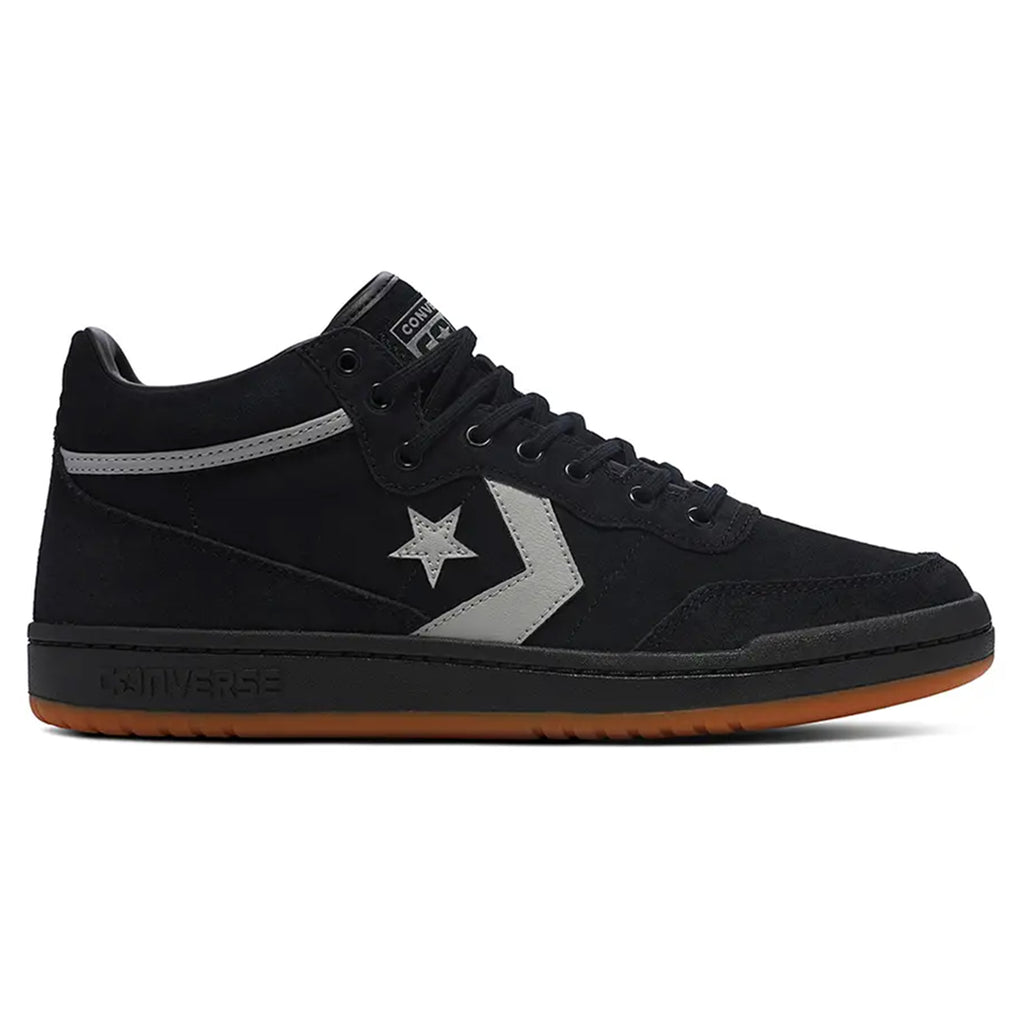 A CONVERSE CONS FASTBREAK PRO MID SUEDE BLACK / GREY AREA / GUM sneaker with a grey star and chevron design on the side, grey accents, black laces, and a brown rubber sole featuring Cupsole technology.