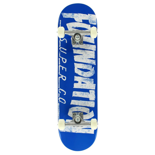 FOUNDATION THRASHER COMPLETE BLUE skateboard with white text design on the deck.