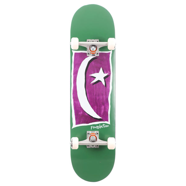 Green skateboard with a black and white FOUNDATION STAR & MOON V 2.0 logo design on the deck.