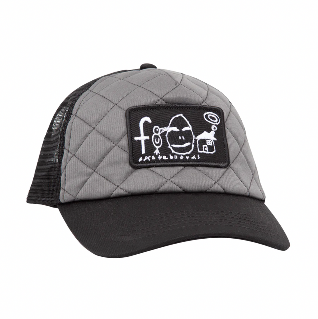 a frog trucker hat with a black bill and black mesh, a grey quilted front with a black rectangle patch that has a frog skateboards logo