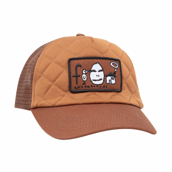 a frog trucker hat with a brown bill and brown mesh, a lighter brown quilted front with a black outlined brown rectangle patch that has a frog skateboards logo
