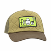 a frog trucker hat with a green bill and green mesh, a lighter green quilted front with a black outlined green rectangle patch that has a frog skateboards logo