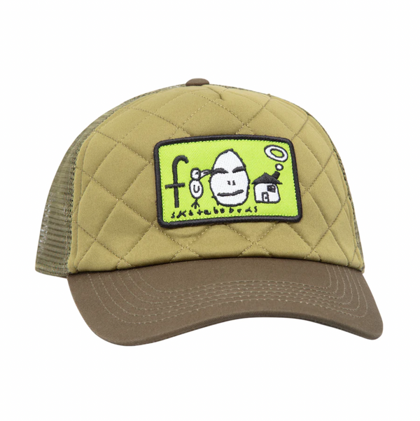 a frog trucker hat with a green bill and green mesh, a lighter green quilted front with a black outlined green rectangle patch that has a frog skateboards logo