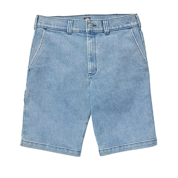 Pair of blue Dickies Guy Mariano denim shorts isolated on white background.