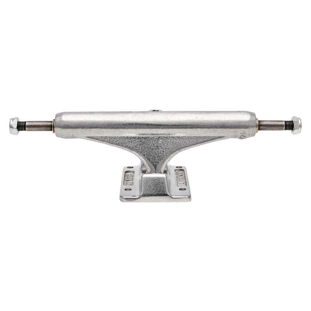 The INDEPENDENT MID 144 FORGED HOLLOW TRUCKS (SET OF TWO) by INDEPENDENT features a lightweight, forged baseplate with four holes for attaching to a skateboard deck.