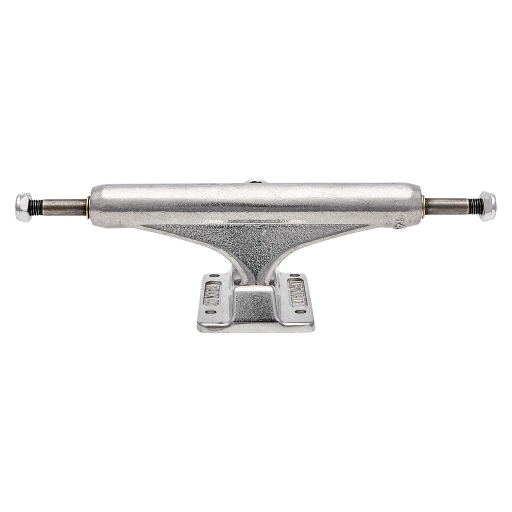 The INDEPENDENT MID 144 FORGED HOLLOW TRUCKS (SET OF TWO) by INDEPENDENT features a lightweight, forged baseplate with four holes for attaching to a skateboard deck.