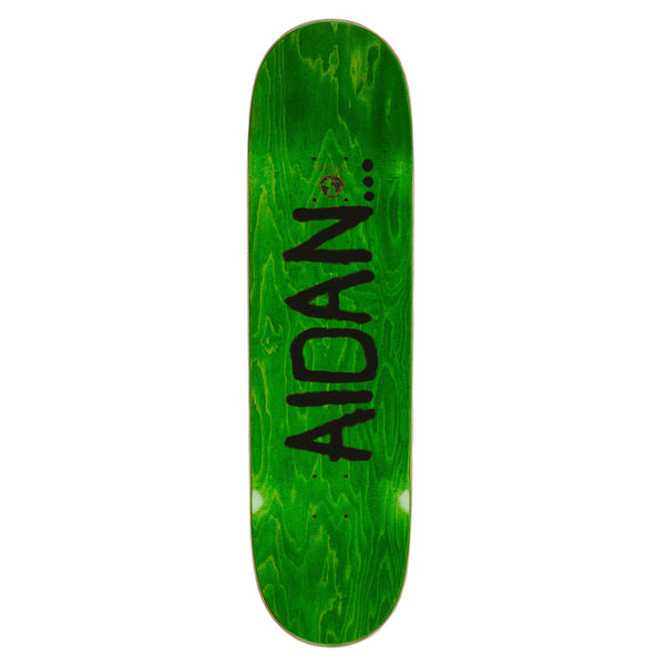 Green skateboard deck with the name "FUCKING AWESOME AIDAN MACKEY ENLIGHTENMENT" written in black letters along the length, embodying the FUCKING AWESOME vibe.