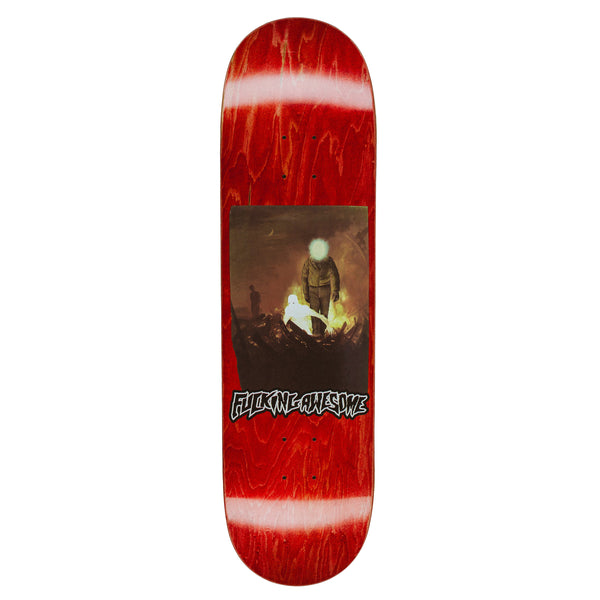 Red FUCKING AWESOME AIDAN MACKEY ENLIGHTENMENT skateboard deck featuring an image of a person standing in a desolate setting, complemented by the text "Fucking Awesome" and finished with a Digital Print Bottom.