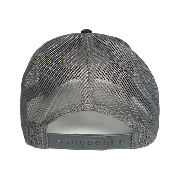 Back view of a FUCKING AWESOME MECHANICS 6 PANEL MESH HAT CHARCOAL / GREY by FUCKING AWESOME, with an adjustable snap closure, featuring a fucking awesome design.