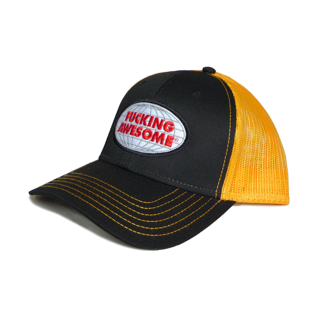 A FUCKING AWESOME MECHANICS 6 PANEL MESH HAT BLACK / GOLD with "FUCKING AWESOME" embroidered in red and white on the front.