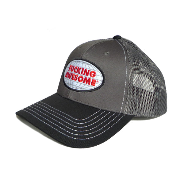 A grey mesh-back FUCKING AWESOME MECHANICS 6 PANEL MESH HAT CHARCOAL / GREY with a front panel featuring the text "FUCKING AWESOME" in red on a white oval background by FUCKING AWESOME.